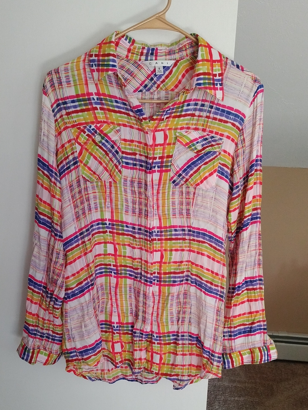 CAbi Multicolor Plaid Button-Down Shirt — Pink, Green, Blue